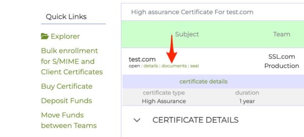 High assurance document submission screenshot of SSL.com portal